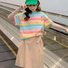 女童短袖t恤夏季2025新款儿童装中大童夏装女孩半袖衣服条纹体恤