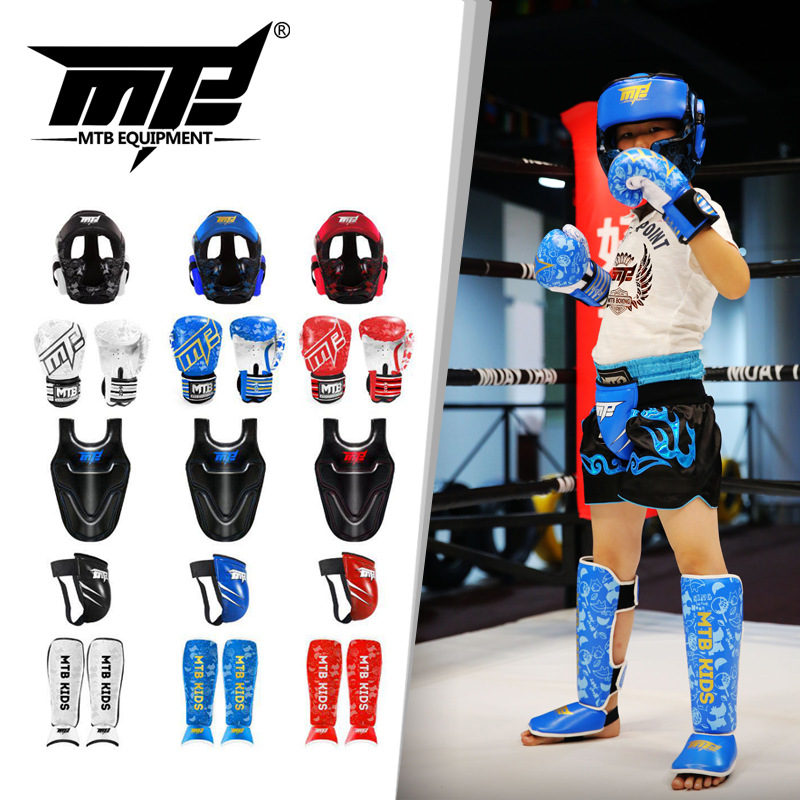 MTB Sanda protective gear set thickened children's boxing Muay Thai combat helmet leg protector crotch protector chest protector