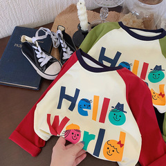 Pure cotton men and women children's T-shirt long-sleeved top 2024 new color-blocking cartoon casual versatile base shirt spring and autumn