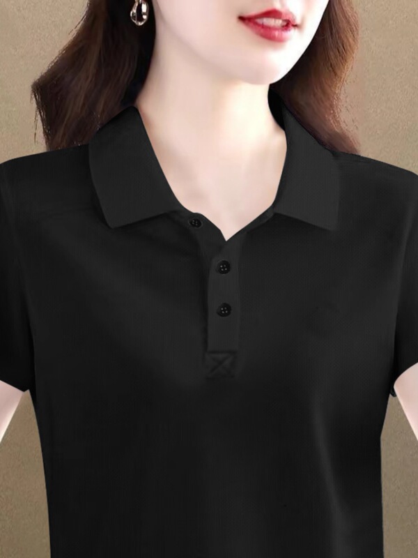 ラペル半袖Tシャツレディースピュアコットン大きいサイズ万能夏服新しいゆったりポロシャツレディース年齢軽減トップス|undefined