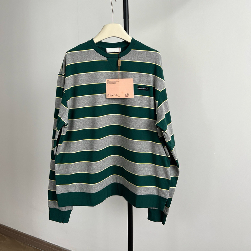 High-end 26miu series new product, gray-green contrast striped long-sleeve round-neck loose pullover top, unisex