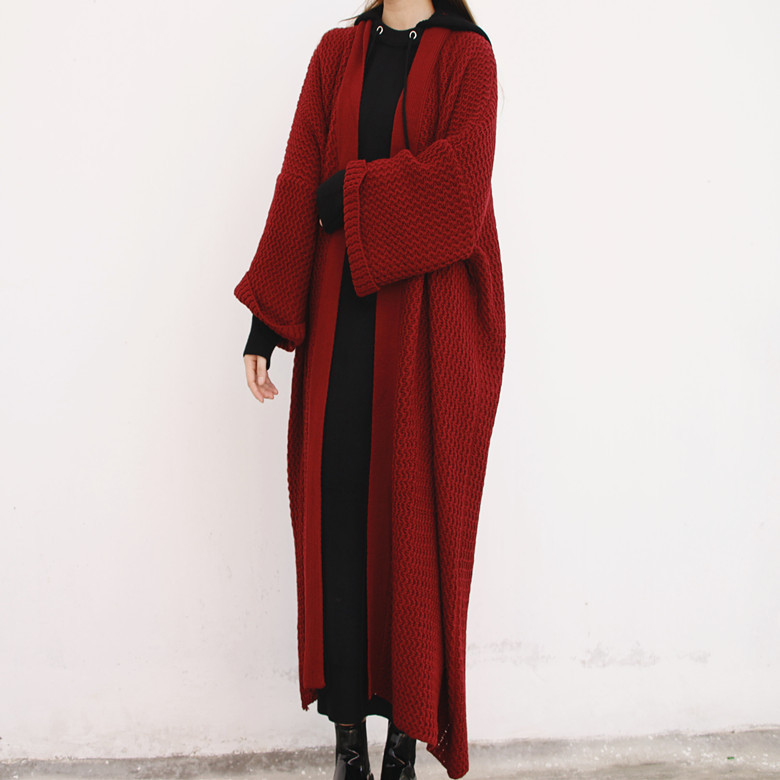 Otoño e Invierno nueva suelta larga Chaqueta de punto europeo y americano perezoso estilo grueso aguja línea elegante suéter del todo-fósforo para las mujeres image 11