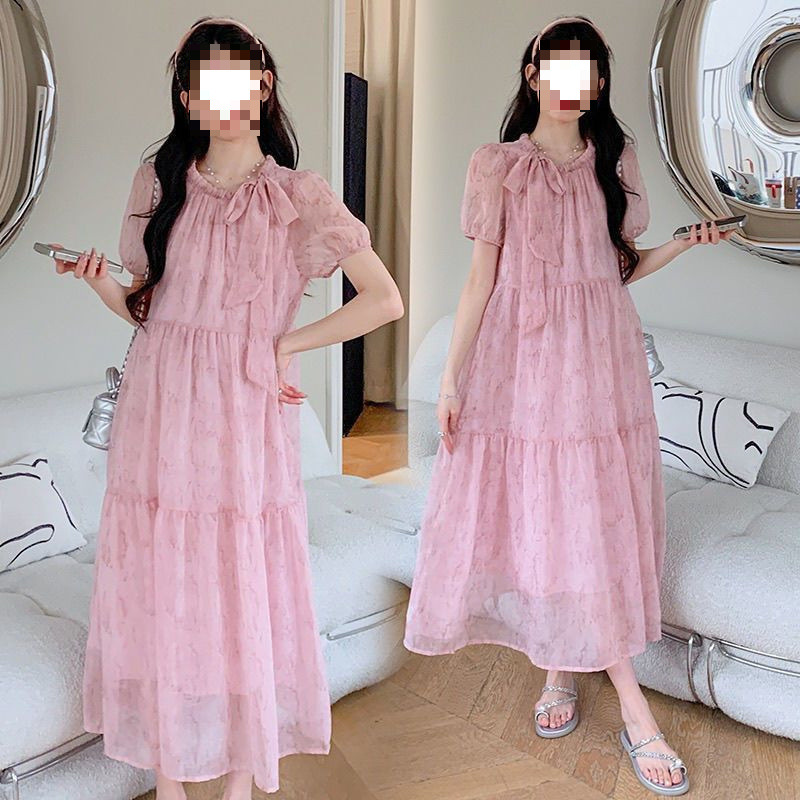 S2C孕妇装细闪蝴蝶结晕染连衣裙洋气宽松泡泡袖设计淑女蛋糕连衣