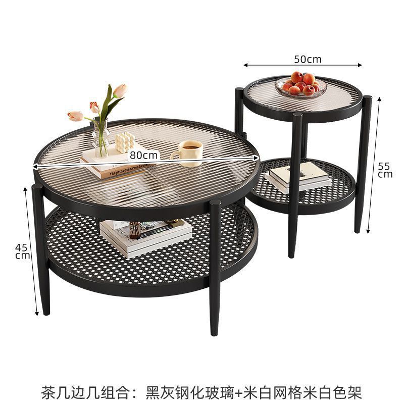 藤编茶几小户型茶几家用圆形茶几长虹玻璃双层茶几客厅组合小茶桌|undefined