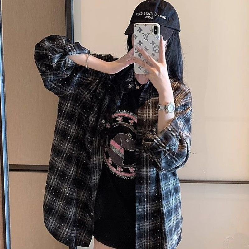 Early Autumn American Style Retro oversize Loose Plaid Shirt Jacket Style Women's Spring and Autumn Heavy Industry Hot Drilling Shirt Trendy