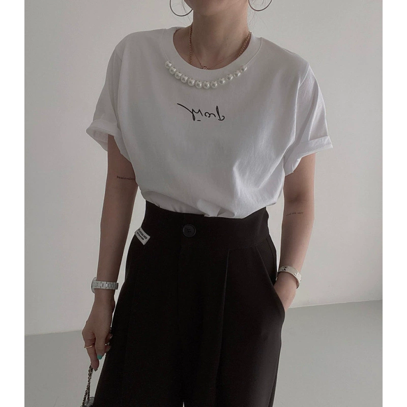 Южнокорейская футболка Dongdaemun с простым жемчугом и круглым вырезом, с короткими рукавами и надписью, женская свободная верхняя летняя рубашка