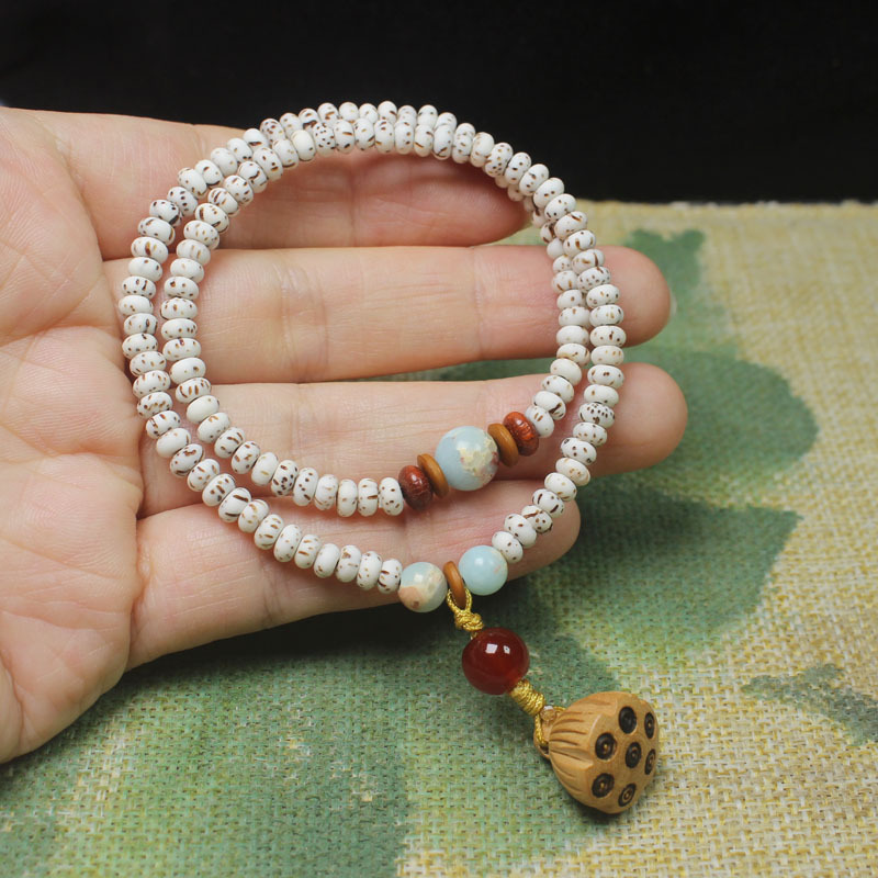Star Moon Bead Double Circle Buddha Bead Wood Lotus Pendant Bracelet Women's National Style Simple Rosary Bead Bracelet Wholesale