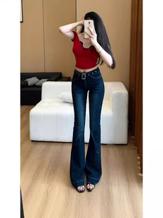 Low-waisted tight-belt slightly booted jeans for women 2024 summer new style elastic slimming versatile bell-bottom pants with small waist