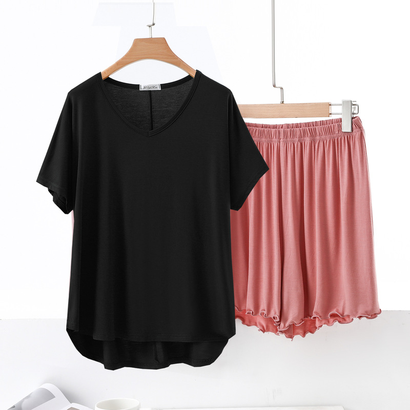 Modal Summer Thin Short-Sleeved Shorts, Large Size V Neck Asymmetrical Pajamas, Maternity Home T-Shirt Two-Piece Set