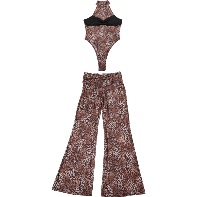 Spring Sexy Waist Trimming Contrast Color Sleeveless Leotard High Waist Leopard Print Trousers Two Piece Sets