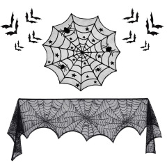 ヨーロッパとアメリカのハロウィンテーブルフラッグテーブルフラッグコンビネーションセットブラックレースクモの巣テーブルクロステーブルフラッグ布暖炉布在庫あり