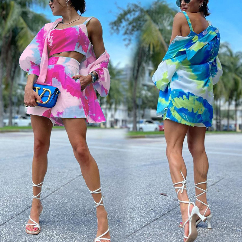 tie-dye printing camisole coat skirt three-piece set NSONF123810