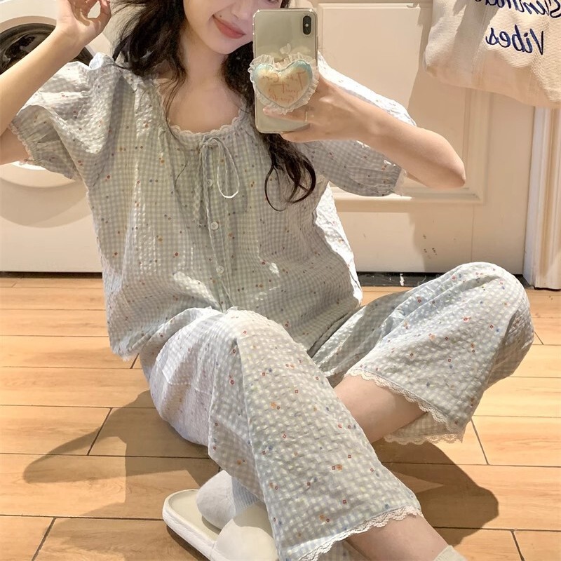 Korean Ins Women's New Pajamas Korean Plaid Small Floral Simple and Comfortable Lace Suit Casual Home Wear