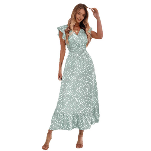 Amazon Cross-Border International Trade European and American Women's Fashion V-Neck Waist-Clinching Long Dress High-Waist Short-Sleeve Dress