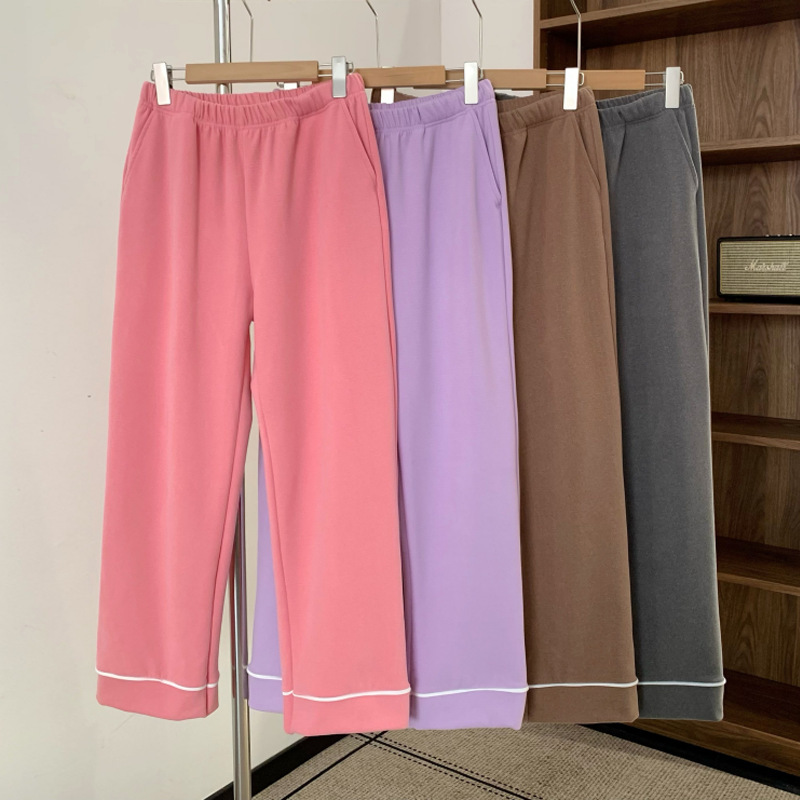 Autumn and Winter Silk Wool Thermal Pajama Pants for Women, Stylish Fleece-Lined Thick Warm Straight Casual Pants for Outdoor Wear and Loungewear