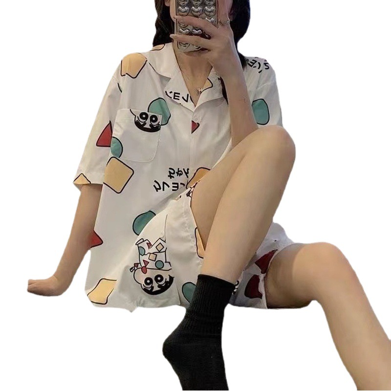 Pijamas de verano de las mujeres lindo crayón estudiante fresco de dibujos animados de manga corta cardigan ropa exterior traje de verano homewear image 1