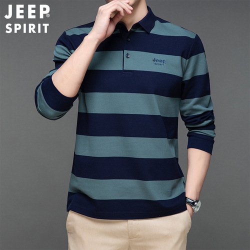 JEEP SPIRIT春秋新品男士条纹POLO衫休闲时尚宽松修身长袖T恤上衣