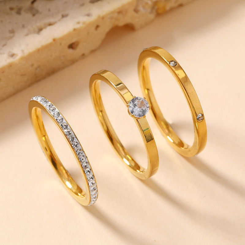 Cross-Border Stainless Steel Ring Three-Piece Set, Accessible Luxury and High-End Diamond-Encrusted Versatile Ring, Women's Index Finger Tail Ring Jewelry