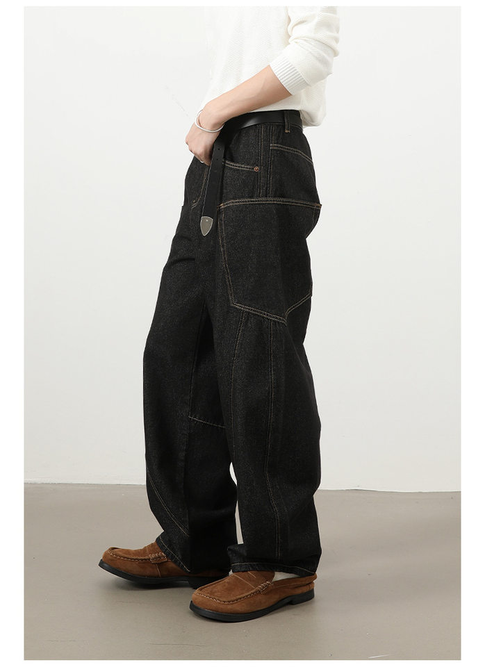 Quần jean nam ống rộng phong cách đường phố retro, nhiều túi hộp, dáng lỏng lẻo — Denim đen, Trắng, màu hồng, màu xanh chi tiết 14