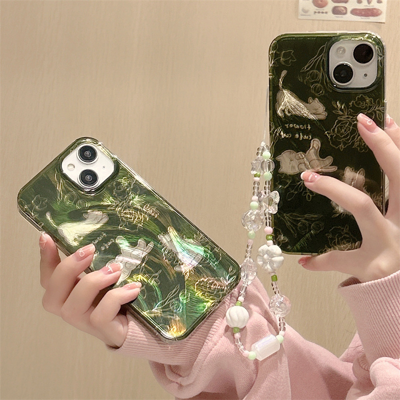 Green Feather Cat 15 Pro14 Promax Mobile Phone Case for iPhone13 Double Layer Huawei mate60pro