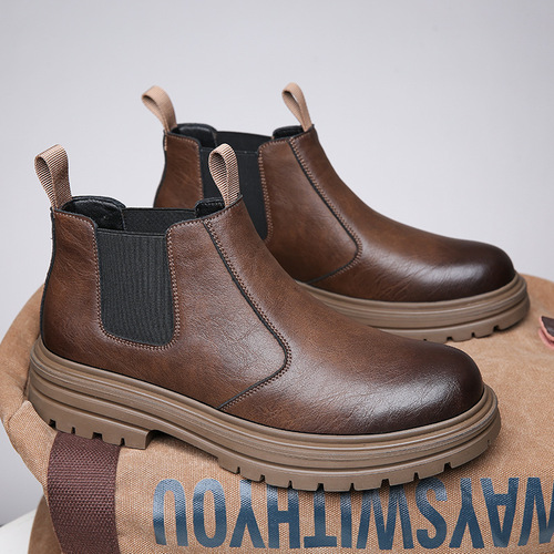 Chimney Chelsea boots autumn British style high-top leather men's boots plus velvet warm Martin boots men's trendy shoes drop shipping