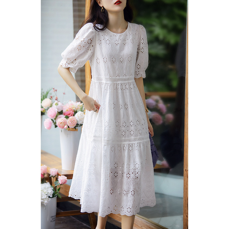 Hollow Embroidered White Skirt Summer New First Love French Sweet Puff Sleeve Short-Sleeved White Cotton Dress