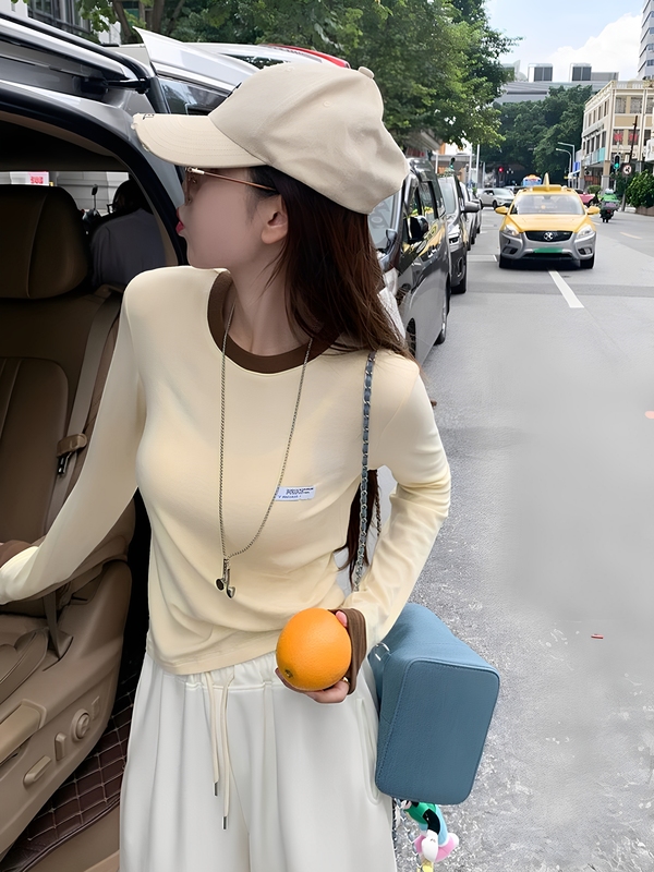 撞色假两件长袖t恤女带胸垫打底衫2025新款设计感修身外穿上衣秋|undefined