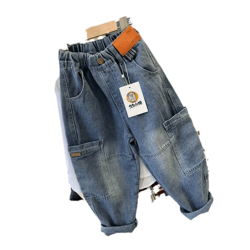 Primavera y otoño nuevos pantalones jeans sueltos para niños, pantalones casuales coreanos, pantalones de moda para niños, pantalones largos de diseño universal image 5