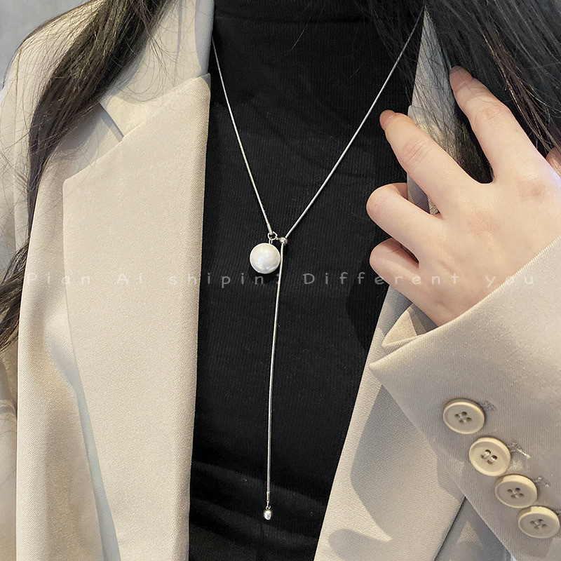 Niche design drawable pearl long necklace women's cold style fashion personality simple temperament all-match sweater chain