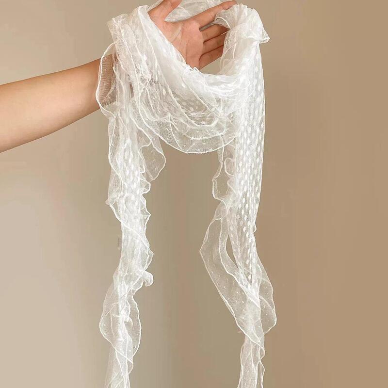 Korean-Style White Irregular Spiral Lace Polka Dot Silk Scarf, Thin Long Strip with Ruffled Edges, Neck Scarf for Spring and Summer