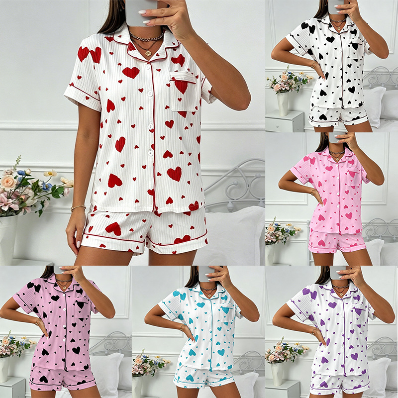 European and American Cross-Border Popular Heart-Shaped Cardigan Lapel Button Pajamas for Women, Short-Sleeve and Short-Pants Home Wear Two-Piece Set