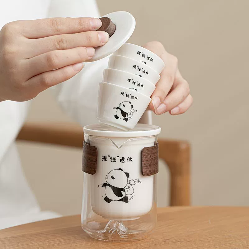 Handheld elite tea set for traveling, travel sophisticated equipment for camping, panda, full set