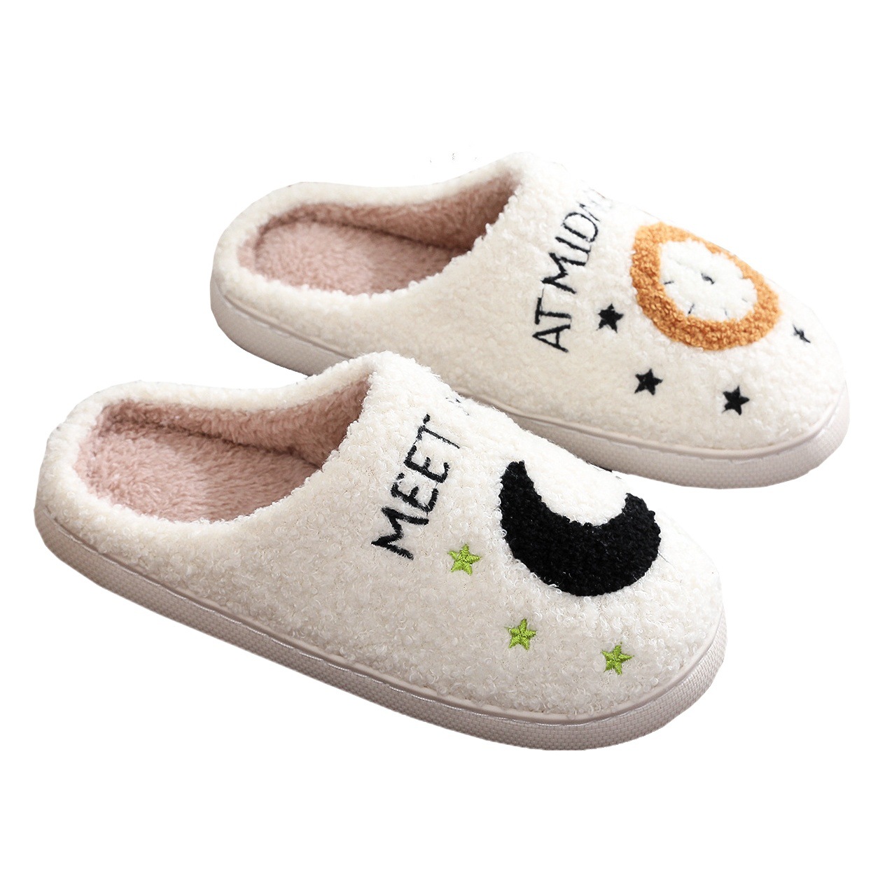 En stock invierno lindo dibujos animados cara sonriente Zapatillas de algodón al por mayor transfronteriza caliente zapatillas mujer más tamaño Luna reloj generación