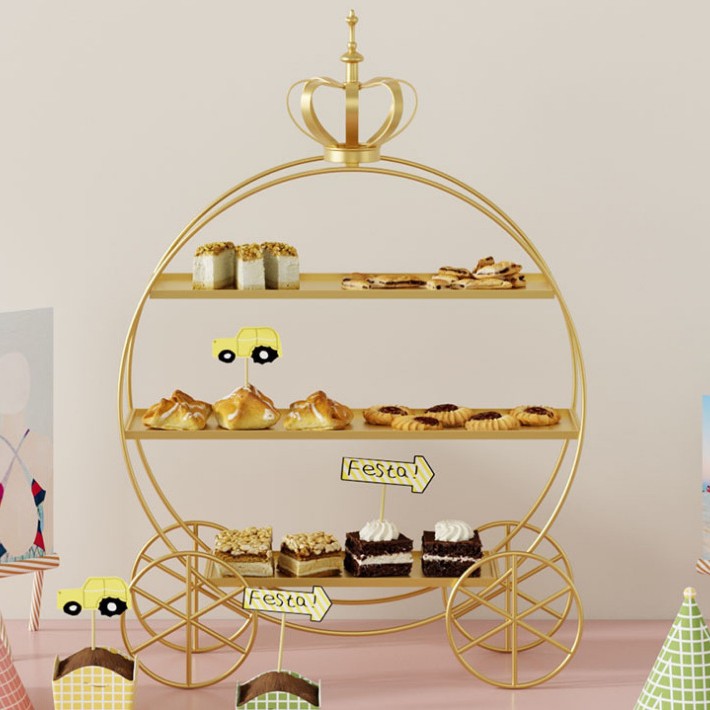 Estante de exhibición de mesa de postres de corona europea, decoración de bodas, té de la tarde, soporte para pasteles de tres capas, plato de decoración de pasteles dorados
