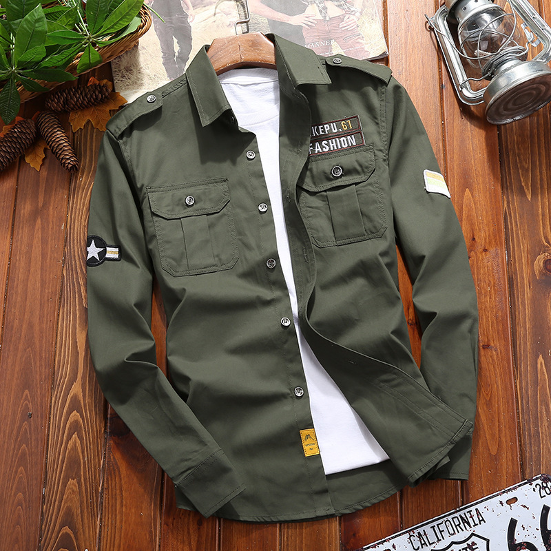 Spring and Autum Military Long-Sleeved Shirts Men's Casual Shirts Military Style Outdoor Workwear Large Size Military Green Tops Pure Cotton
