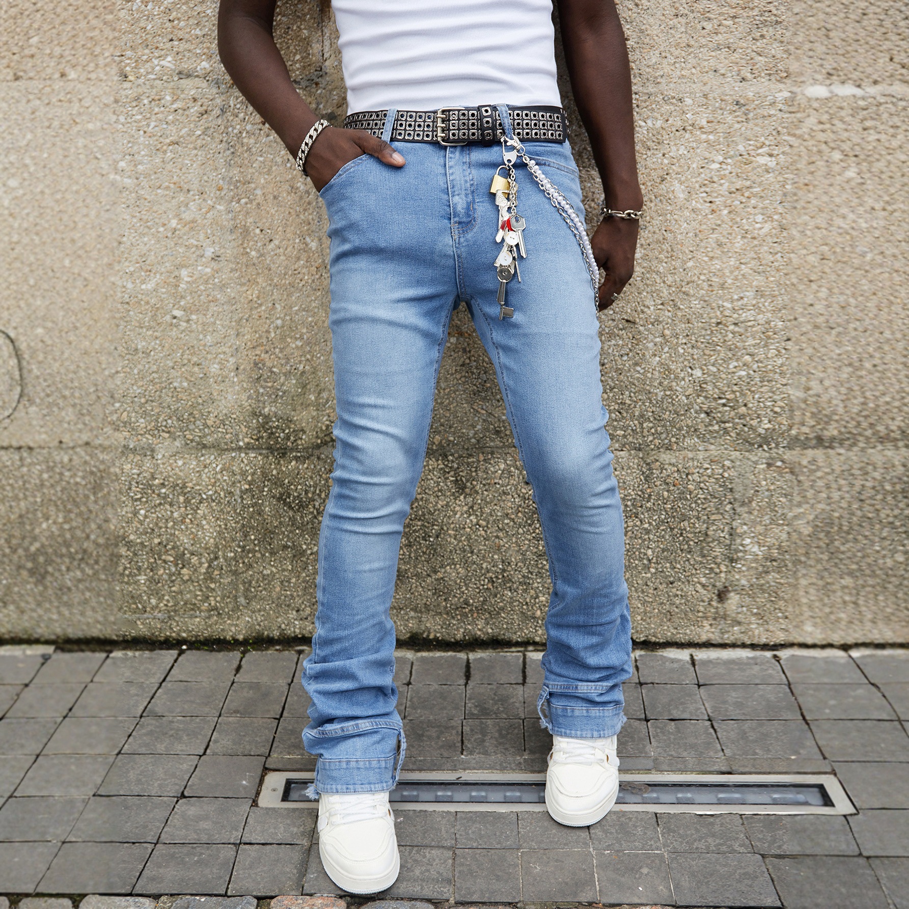 K New Men's Denim Straight Leg Pants Fashionable Stretch Patch Denim Stacking Pants. No Belt Or Other Accessories_voghion.com