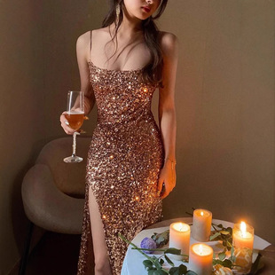 Cross-border European and American Foreign Trade Celebrity Temperament Banquet Slim-fit Party Split Dress Birthday Party Small Dress