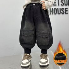 一体绒儿童加绒牛仔裤帅气秋春夏奥粒绒灯笼裤大口袋洋气百搭耐磨