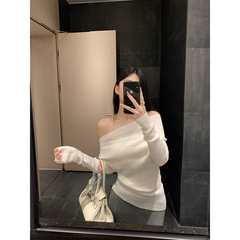 魔西女王一字肩不规则针织打底衫女法式洋气修身别致露锁骨上衣女