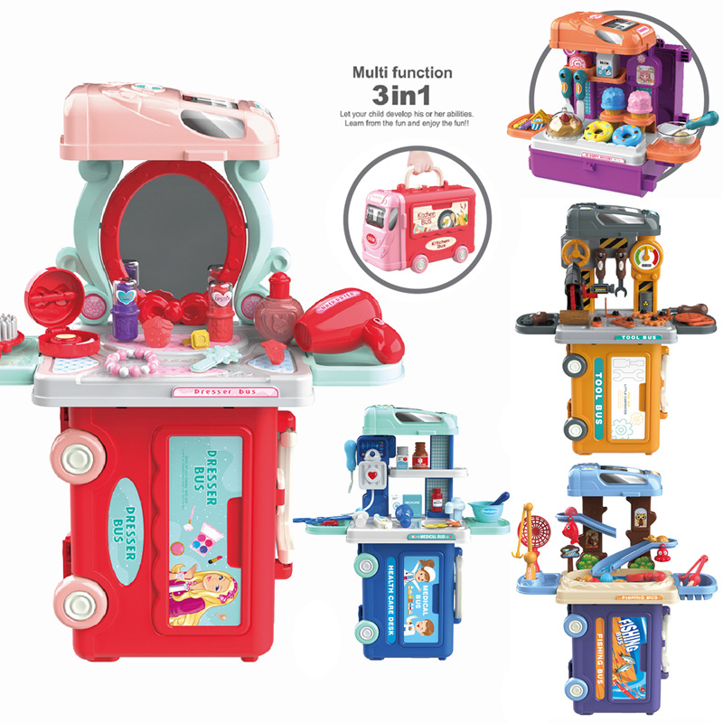Simulación de niños transfronterizos 3-en-1 autobús cocina vajilla herramientas de maquillaje juego de juego casa maleta doctor juguete