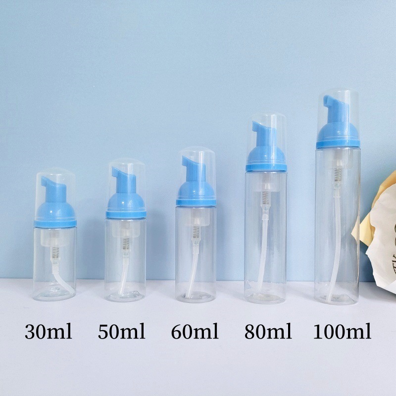 30 dientes PET mousse transparente botella 30ml100ml limpiador facial espuma botella champú espuma botella de pie en stock
