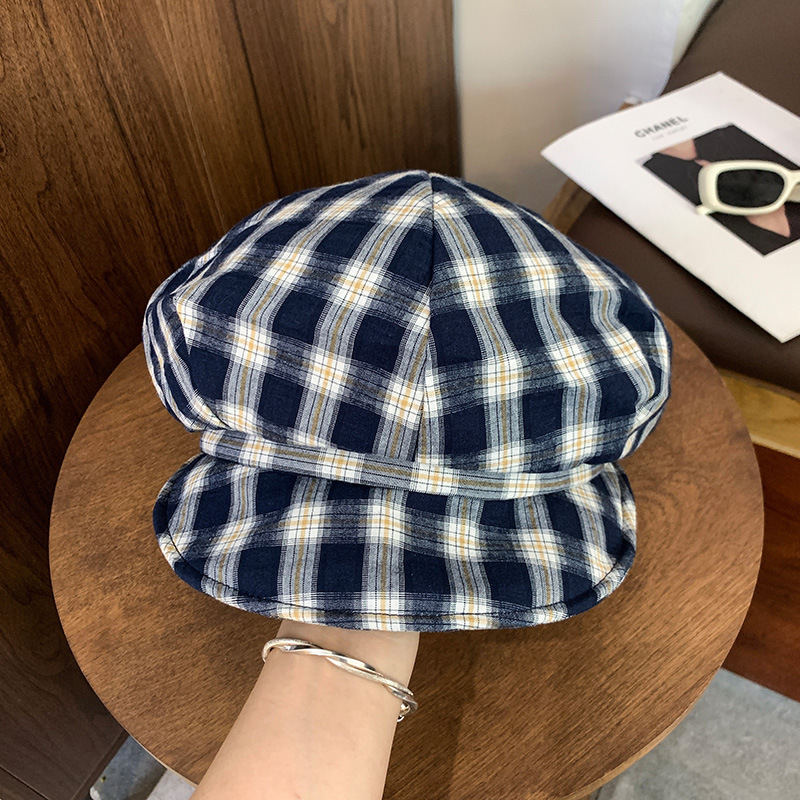韩系甜妹混色棋盘格贝雷帽春秋复古英伦帽子女款文艺画家帽显脸小|undefined