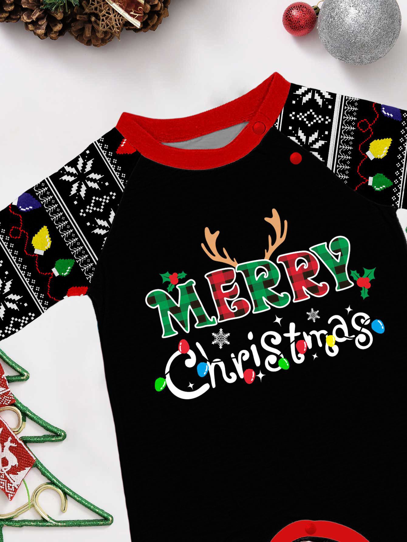 Pyjama imprimé pour la maison avec lettres de Noël et rayures en flocons de neige_voghion.com