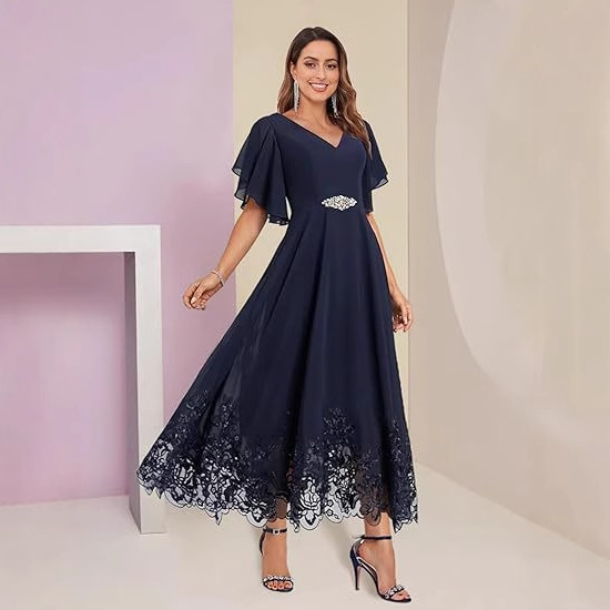 European and American V-Neck Chiffon Evening Dress 2026 New Style Bridesmaid Dress with Sleeves Long Lace Dress Amazon Fashion Style