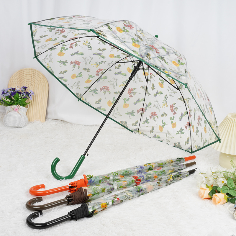 Transparent Umbrella Women's Broken Flowers Slim Curved Handle Umbrella Long Handle Umbrella Semi-automatic Straight Umbrella Curved Handle Large Umbrella Umbrella
