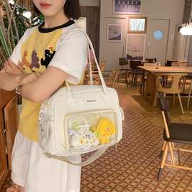 日系ins拼接PVC学生补习袋帆布斜挎包女初中生大容量可爱上课包女