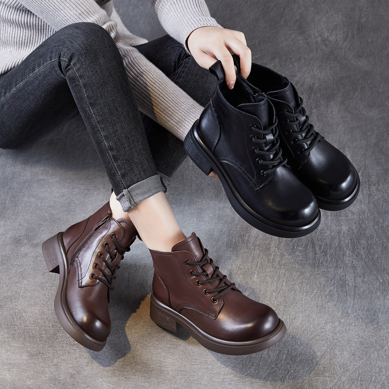 Genuine Leather Boots for Women 2025 Autum New British Style Brown Retro Lace-Up Casual Versatile Short Boots Single Leather Boots