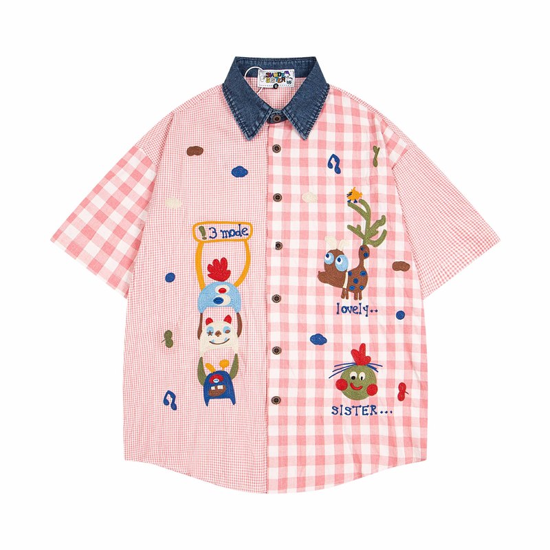 Japanese Style Fun Cartoon Embroidered Denim Stitching Contrast Plaid Short-sleeved Shirt Trendy Loose Top for Men and Women