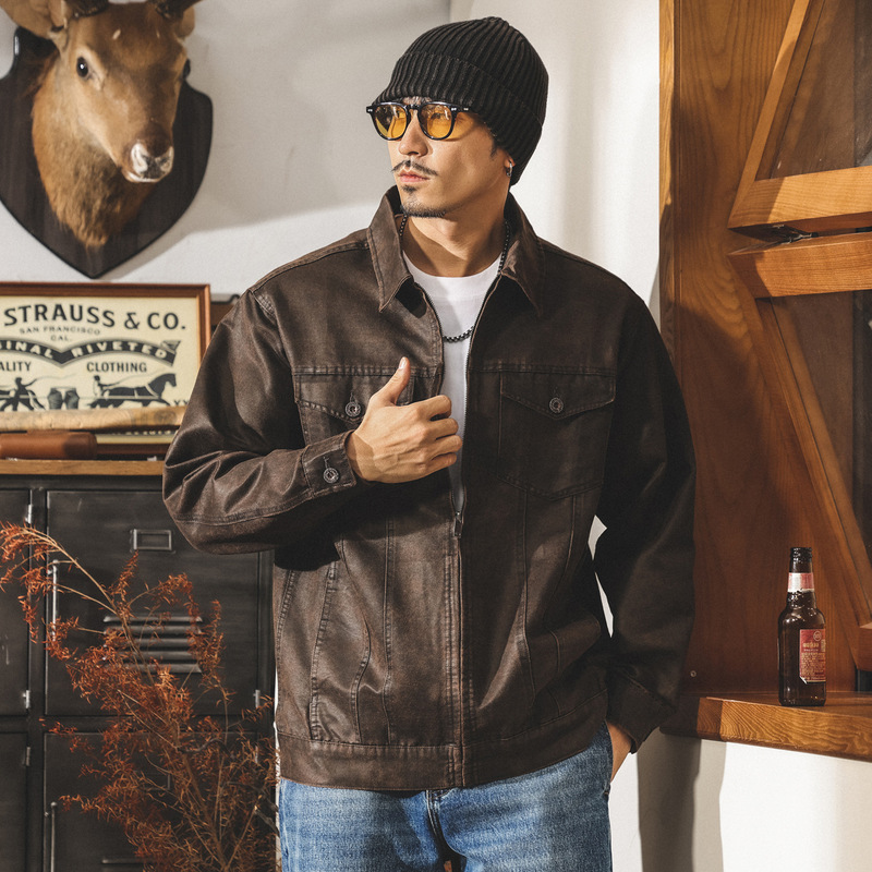 Maillard Retro Workwear Southern Jacket Men's Spring and Autum Oil Wax Imitation Leather Handsome Autum American Motorcycle Jacket Maillard Retro Workwear Southern Jacket Men's Spring and Autum Oil Wax Imitation Leather Handsome Autum American Motorcycle Jacket