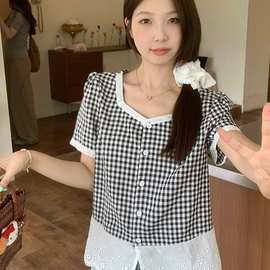 夏季新款胖mm设计感遮肉衬衣时尚减龄拼接蕾丝格子短袖衬衫女大码